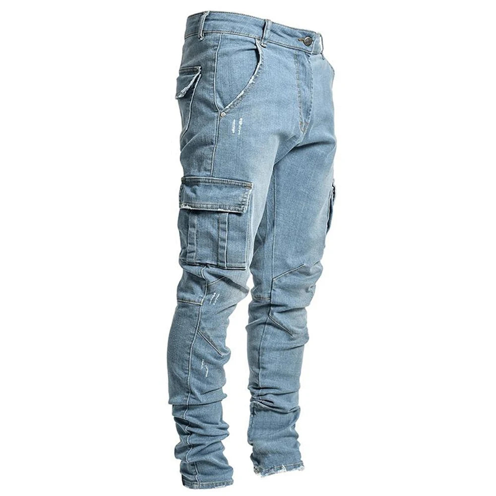 Calças Jeans Street Elastizadas Masculinas Cargo em Denim Lavagem Cor Sólida Bolsos Múltiplos Casuais Cintura Média Ajuste Slim para Uso Diário