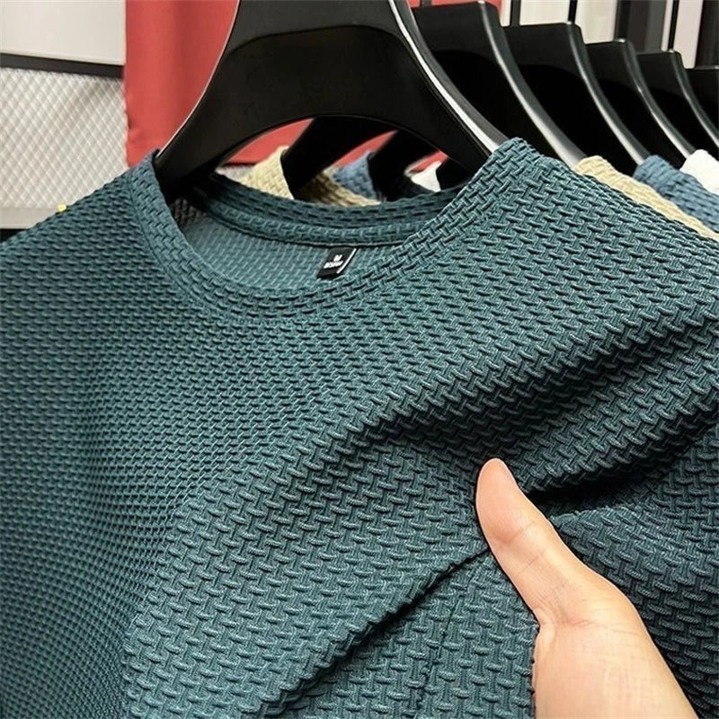 Camiseta Masculina de Malha de Seda Gelada de Verão, Manga Curta, Gola Redonda, Nova Coleção 2023, Manga Média, Camisa Fina Masculina em Cor Sólida