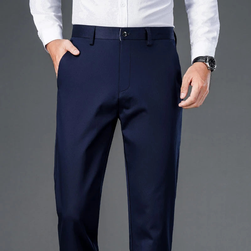 Calças Masculinas Smart Casual Stretch Esportivas de Secagem Rápida para Homens Primavera Outono Comprimento Total Reta Preto Marinho Calças de Trabalho de Escritório