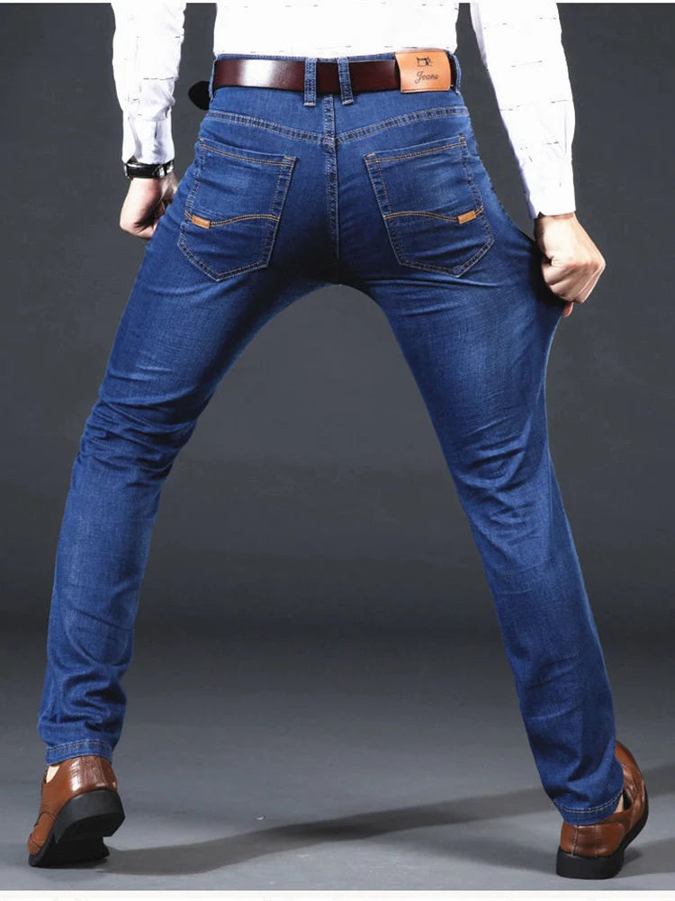Calça Masculina Nova Ajuste Slim Stretch Luxo Leve Confortável Macia Fashion Casual Comercial Reta Jeans Marca