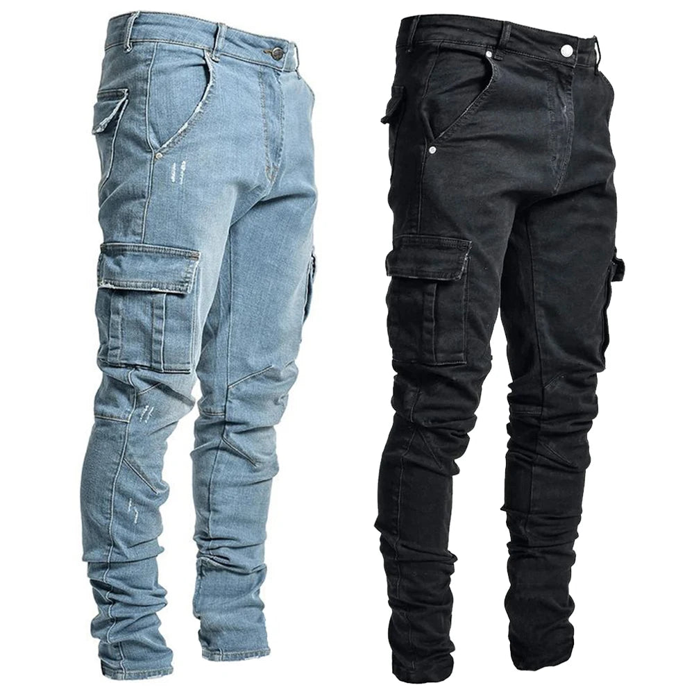 Calças Jeans Street Elastizadas Masculinas Cargo em Denim Lavagem Cor Sólida Bolsos Múltiplos Casuais Cintura Média Ajuste Slim para Uso Diário