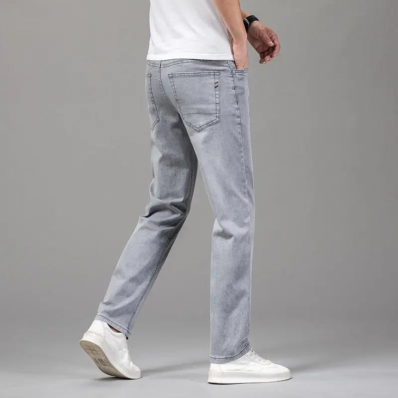 Calças Jeans Masculinas de Verão Elásticas Fashion Cinza Confortável para Negócios Reta Stretch Algodão Casual Jeans Marca Masculina Calças Finas