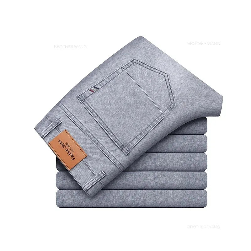 Calças Jeans Masculinas de Verão Elásticas Fashion Cinza Confortável para Negócios Reta Stretch Algodão Casual Jeans Marca Masculina Calças Finas