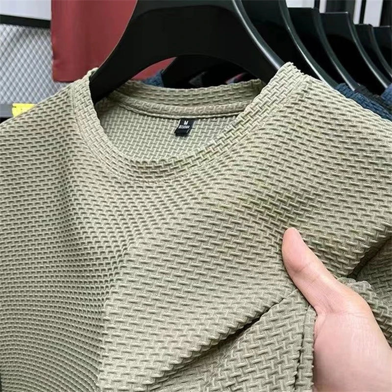 Camiseta Masculina de Malha de Seda Gelada de Verão, Manga Curta, Gola Redonda, Nova Coleção 2023, Manga Média, Camisa Fina Masculina em Cor Sólida