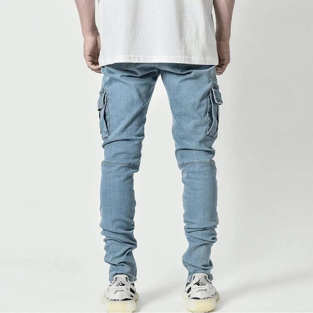 Calças Jeans Street Elastizadas Masculinas Cargo em Denim Lavagem Cor Sólida Bolsos Múltiplos Casuais Cintura Média Ajuste Slim para Uso Diário