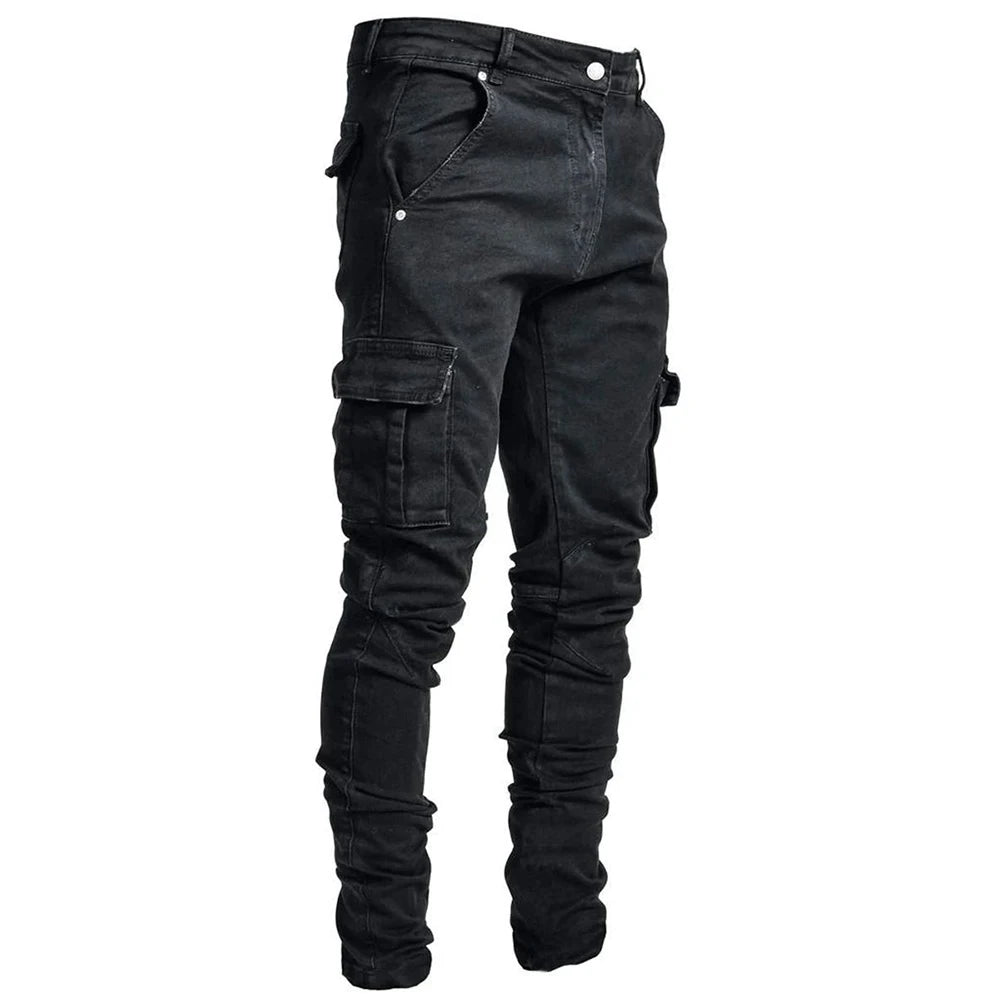 Calças Jeans Street Elastizadas Masculinas Cargo em Denim Lavagem Cor Sólida Bolsos Múltiplos Casuais Cintura Média Ajuste Slim para Uso Diário