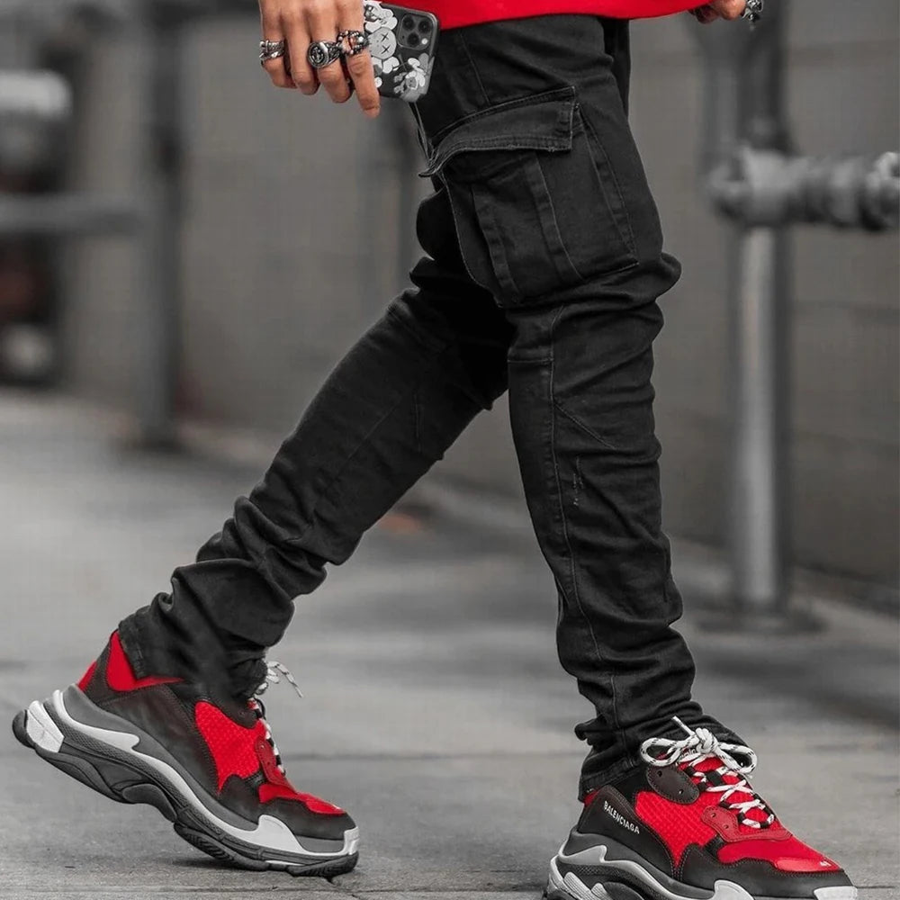 Calças Jeans Street Elastizadas Masculinas Cargo em Denim Lavagem Cor Sólida Bolsos Múltiplos Casuais Cintura Média Ajuste Slim para Uso Diário
