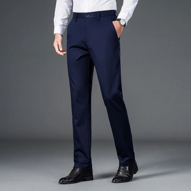 Calças Masculinas Smart Casual Stretch Esportivas de Secagem Rápida para Homens Primavera Outono Comprimento Total Reta Preto Marinho Calças de Trabalho de Escritório