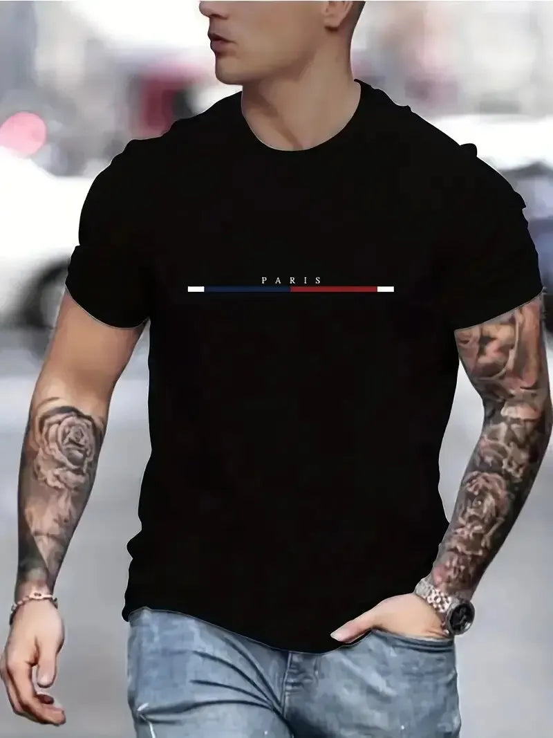 Camiseta Masculina Casual de Manga Curta Super Elástica, Impressão Digital 2025, para Uso Diário, Festa, Casa e Social, Cor Sólida, Estilo Vintage Streetwear