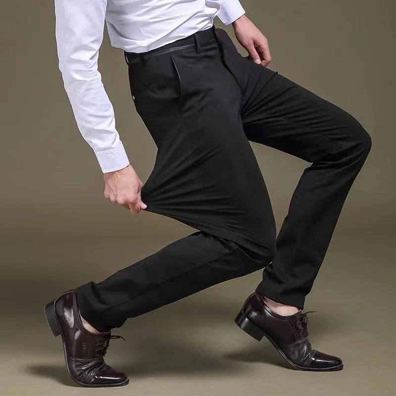 Calças Sociais Masculinas de Verão, Casual para Negócios, Calças Longas, Masculino, Elásticas, Reta, Tamanho Grande 28-40