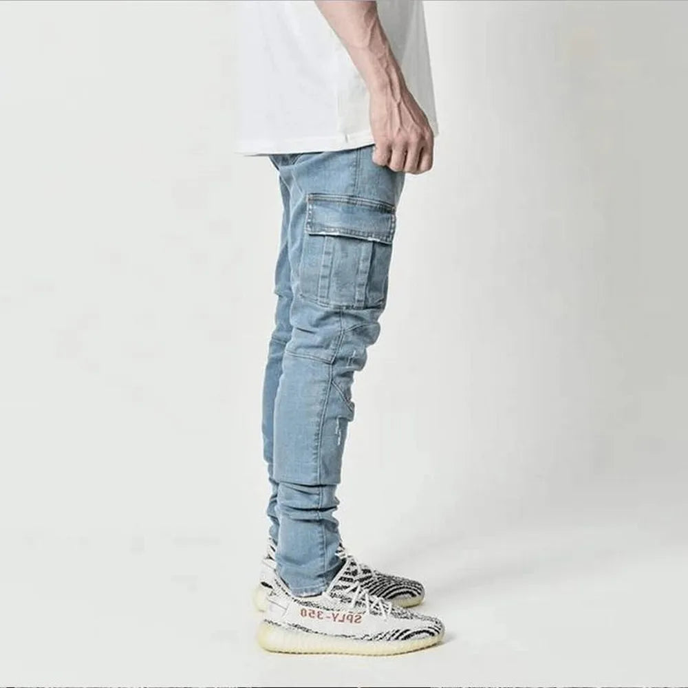 Calças Jeans Street Elastizadas Masculinas Cargo em Denim Lavagem Cor Sólida Bolsos Múltiplos Casuais Cintura Média Ajuste Slim para Uso Diário