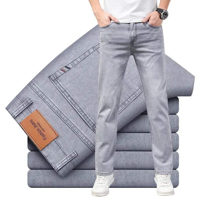 Calças Jeans Masculinas de Verão Elásticas Fashion Cinza Confortável para Negócios Reta Stretch Algodão Casual Jeans Marca Masculina Calças Finas
