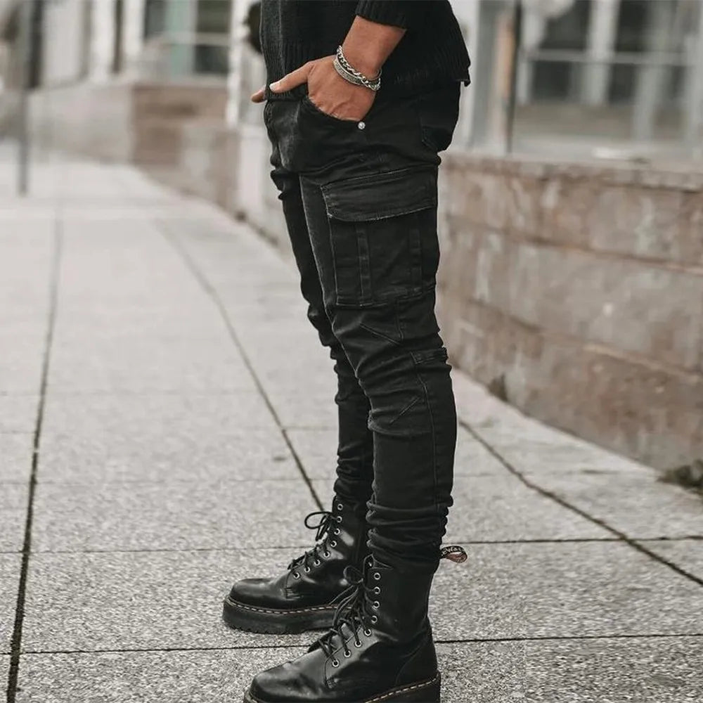 Calças Jeans Street Elastizadas Masculinas Cargo em Denim Lavagem Cor Sólida Bolsos Múltiplos Casuais Cintura Média Ajuste Slim para Uso Diário