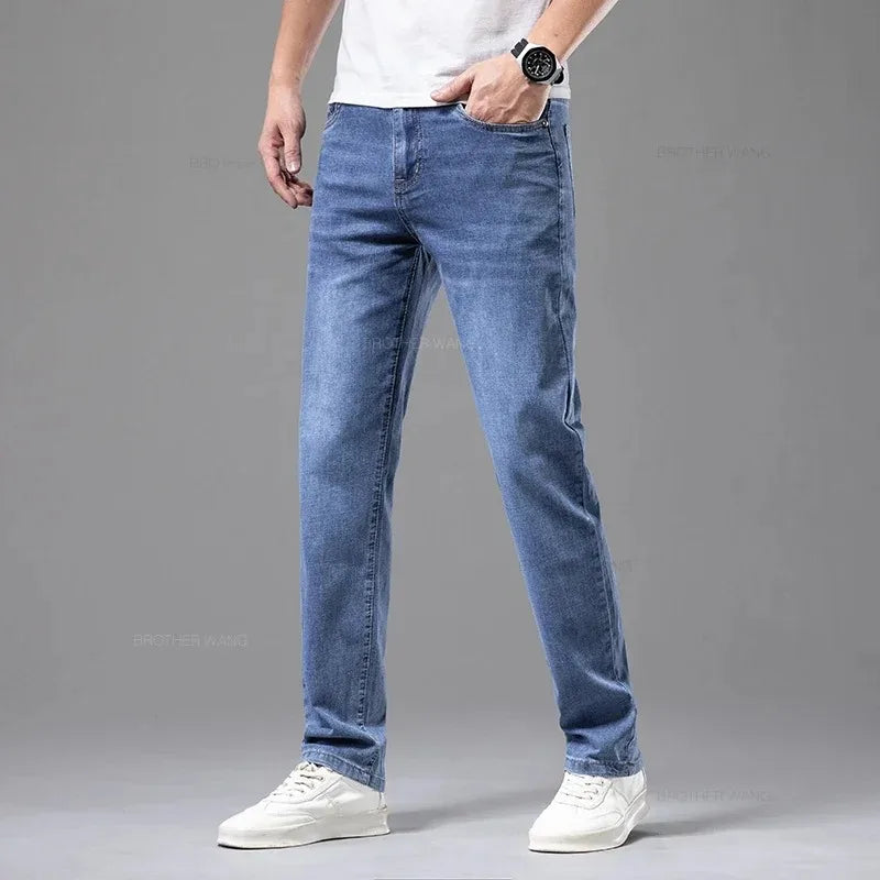 Calças Jeans Masculinas de Verão Elásticas Fashion Cinza Confortável para Negócios Reta Stretch Algodão Casual Jeans Marca Masculina Calças Finas