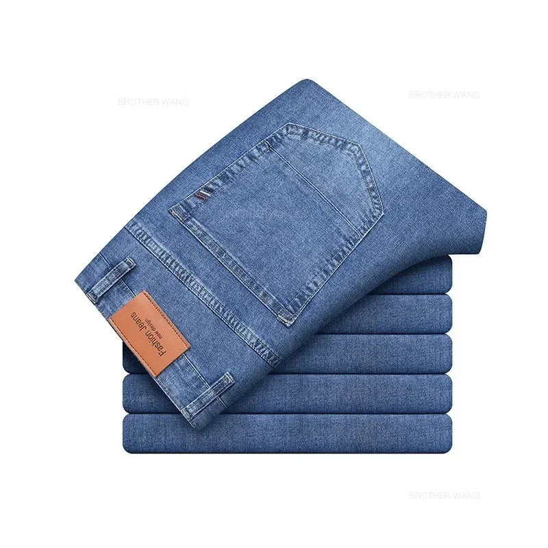 Calças Jeans Masculinas de Verão Elásticas Fashion Cinza Confortável para Negócios Reta Stretch Algodão Casual Jeans Marca Masculina Calças Finas