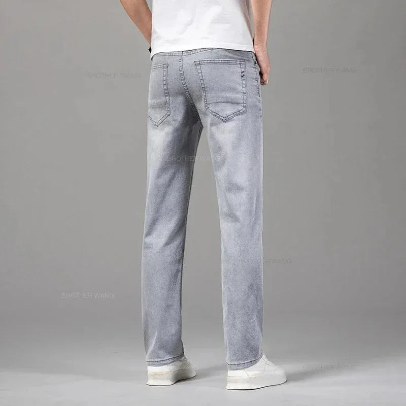 Calças Jeans Masculinas de Verão Elásticas Fashion Cinza Confortável para Negócios Reta Stretch Algodão Casual Jeans Marca Masculina Calças Finas