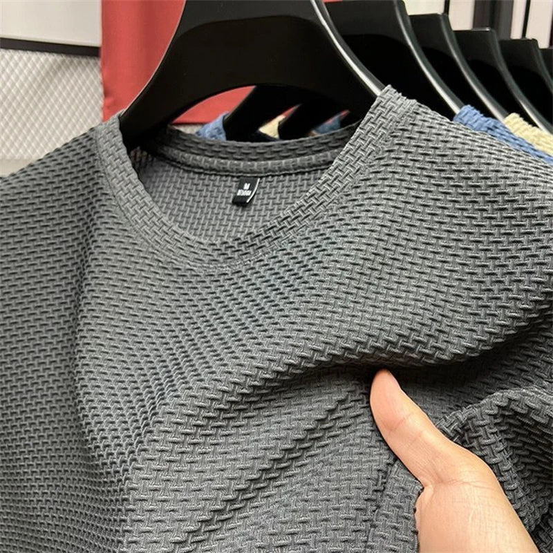 Camiseta Masculina de Malha de Seda Gelada de Verão, Manga Curta, Gola Redonda, Nova Coleção 2023, Manga Média, Camisa Fina Masculina em Cor Sólida