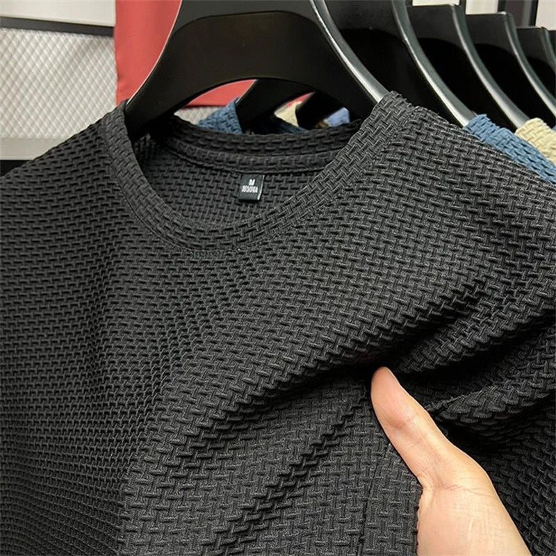 Camiseta Masculina de Malha de Seda Gelada de Verão, Manga Curta, Gola Redonda, Nova Coleção 2023, Manga Média, Camisa Fina Masculina em Cor Sólida