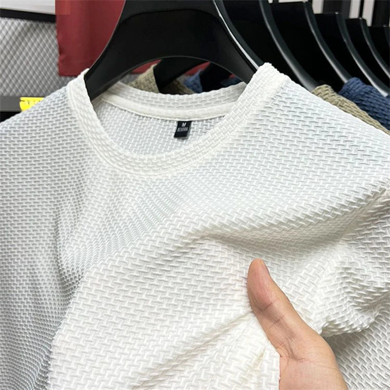 Camiseta Masculina de Malha de Seda Gelada de Verão, Manga Curta, Gola Redonda, Nova Coleção 2023, Manga Média, Camisa Fina Masculina em Cor Sólida