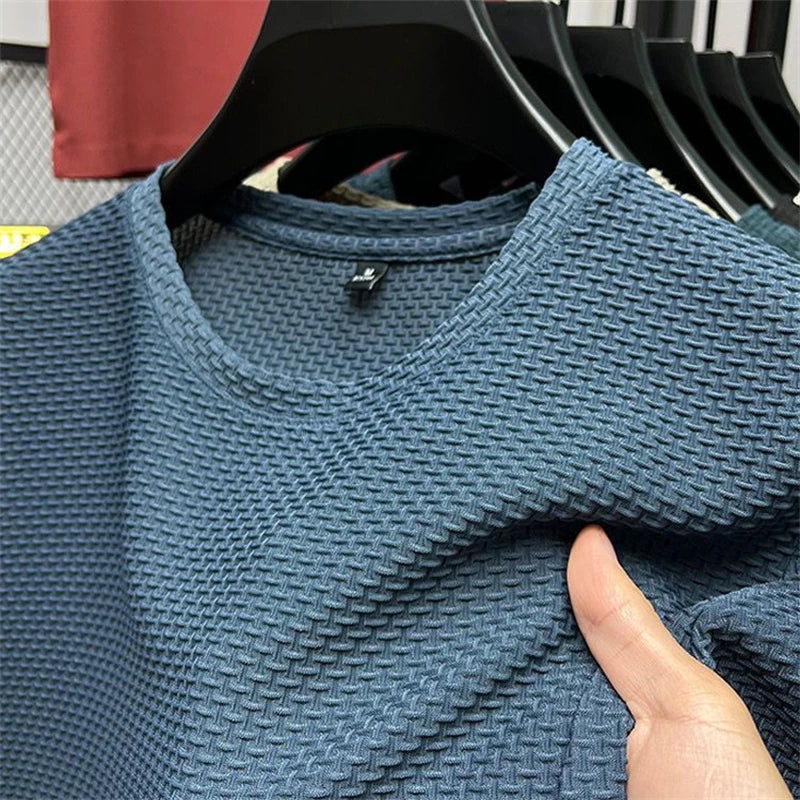 Camiseta Masculina de Malha de Seda Gelada de Verão, Manga Curta, Gola Redonda, Nova Coleção 2023, Manga Média, Camisa Fina Masculina em Cor Sólida