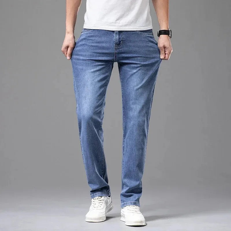 Calças Jeans Masculinas de Verão Elásticas Fashion Cinza Confortável para Negócios Reta Stretch Algodão Casual Jeans Marca Masculina Calças Finas