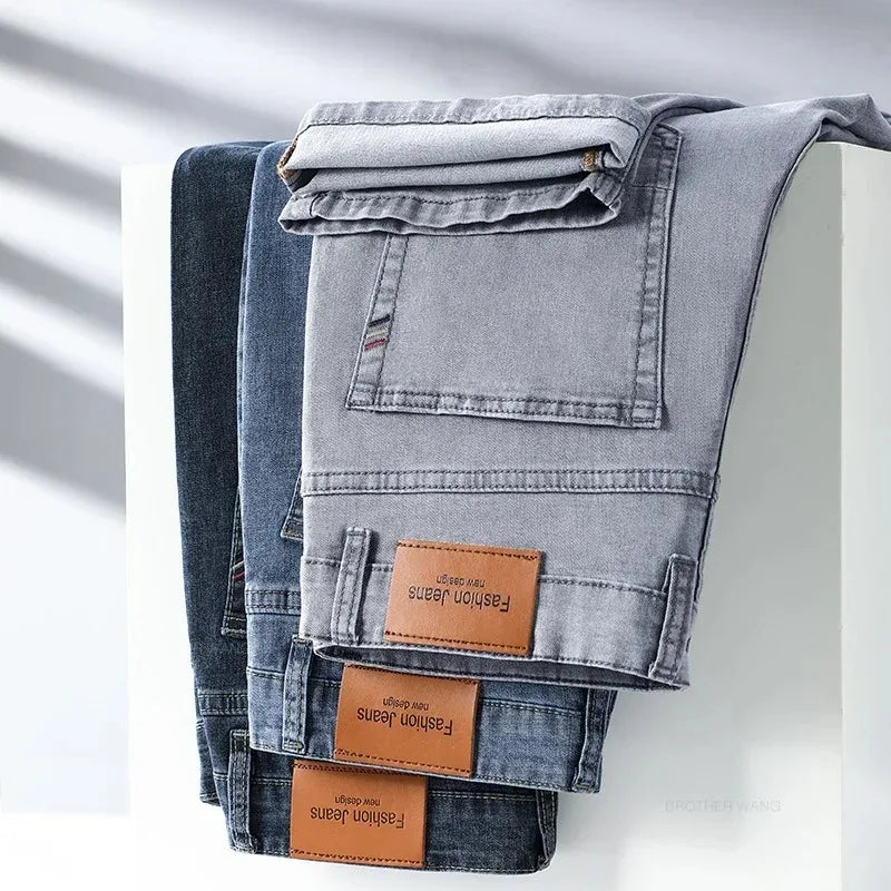 Calças Jeans Masculinas de Verão Elásticas Fashion Cinza Confortável para Negócios Reta Stretch Algodão Casual Jeans Marca Masculina Calças Finas