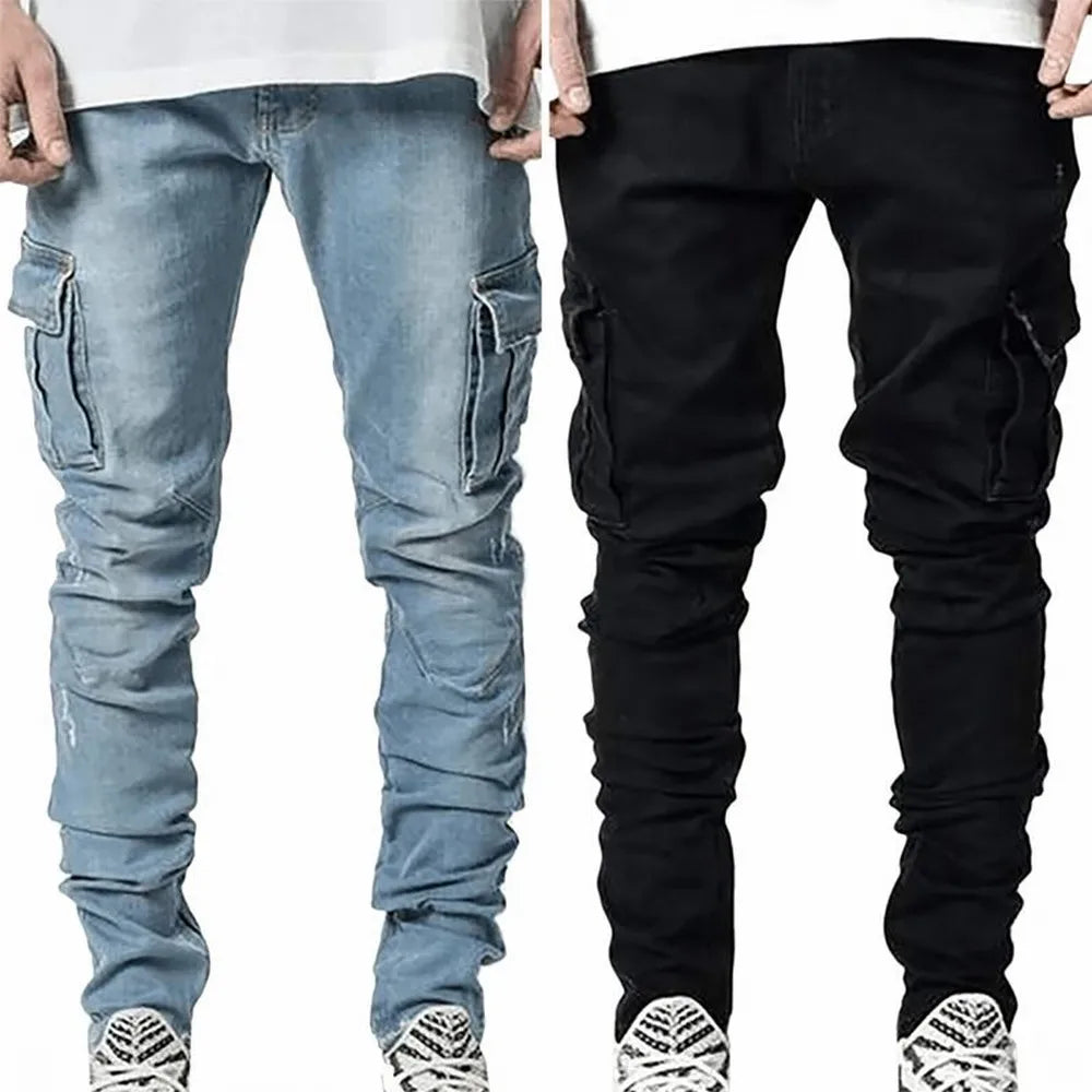 Calças Jeans Street Elastizadas Masculinas Cargo em Denim Lavagem Cor Sólida Bolsos Múltiplos Casuais Cintura Média Ajuste Slim para Uso Diário